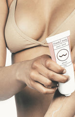 Girls covered in coffee scrub and holding the frank body original introduction skincare kit